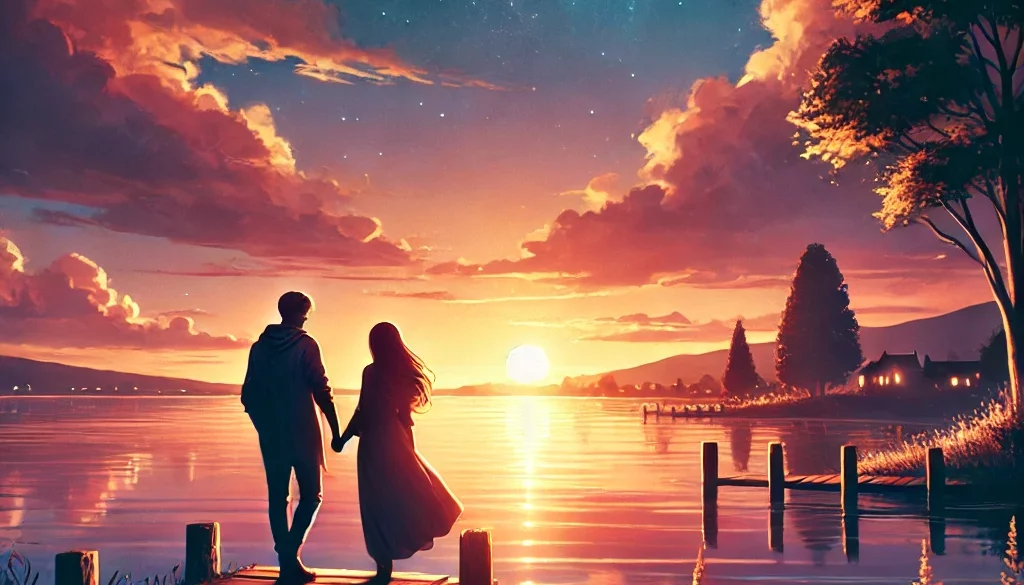 DALL·E 2024-07-26 13.34.24 - A romantic sunset scene with a couple holding hands by a lake. No text on the cover