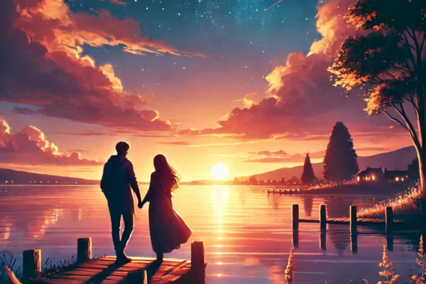 DALL·E 2024-07-26 13.34.24 - A romantic sunset scene with a couple holding hands by a lake. No text on the cover