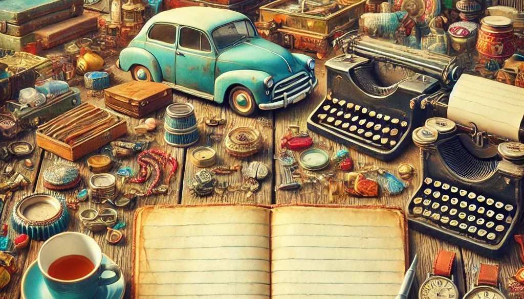 DALL·E 2024-07-26 13.34.55 - A vintage market scene with colorful second-hand items and a nostalgic atmosphere. No text on the cover