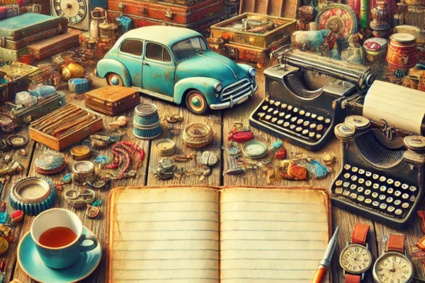 DALL·E 2024-07-26 13.34.55 - A vintage market scene with colorful second-hand items and a nostalgic atmosphere. No text on the cover