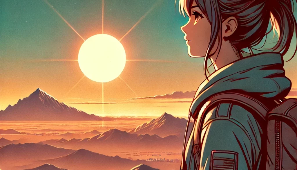 DALL·E 2024-07-26 13.35.51 - A young girl with a backpack, looking at a distant horizon with mountains and a setting sun. No text on the cover