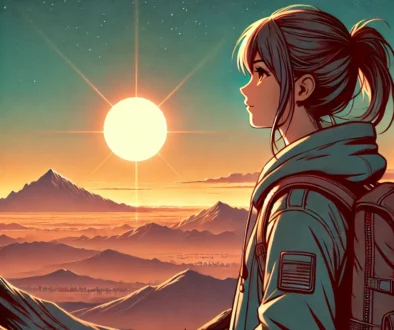 DALL·E 2024-07-26 13.35.51 - A young girl with a backpack, looking at a distant horizon with mountains and a setting sun. No text on the cover